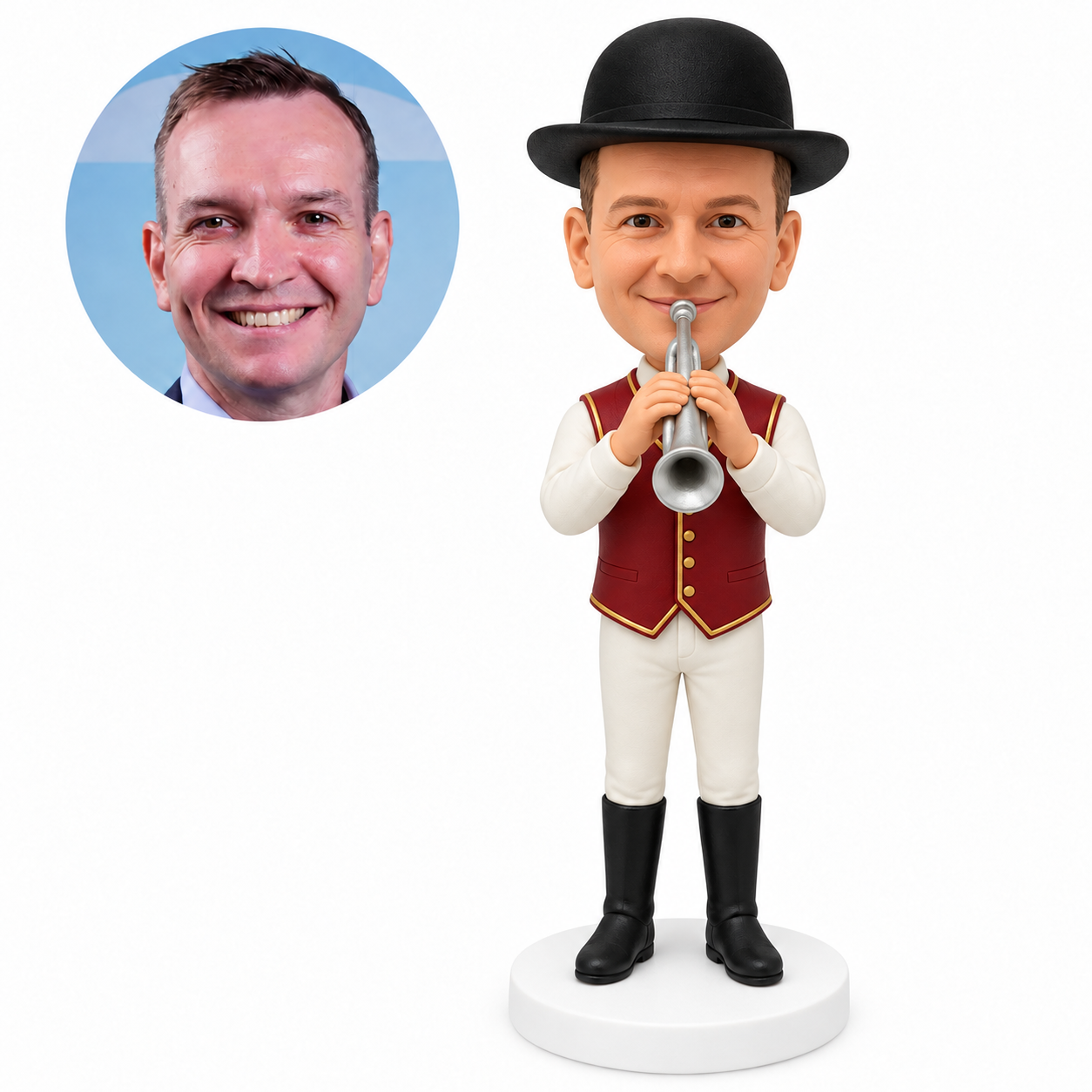 Custom racecourse bugler bobblehead sounding a silver bugle in riding attire