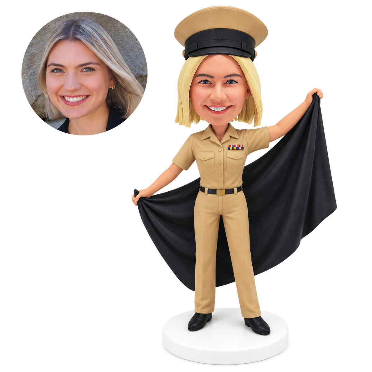 Custom female naval officer bobblehead holding a blank ceremonial banner