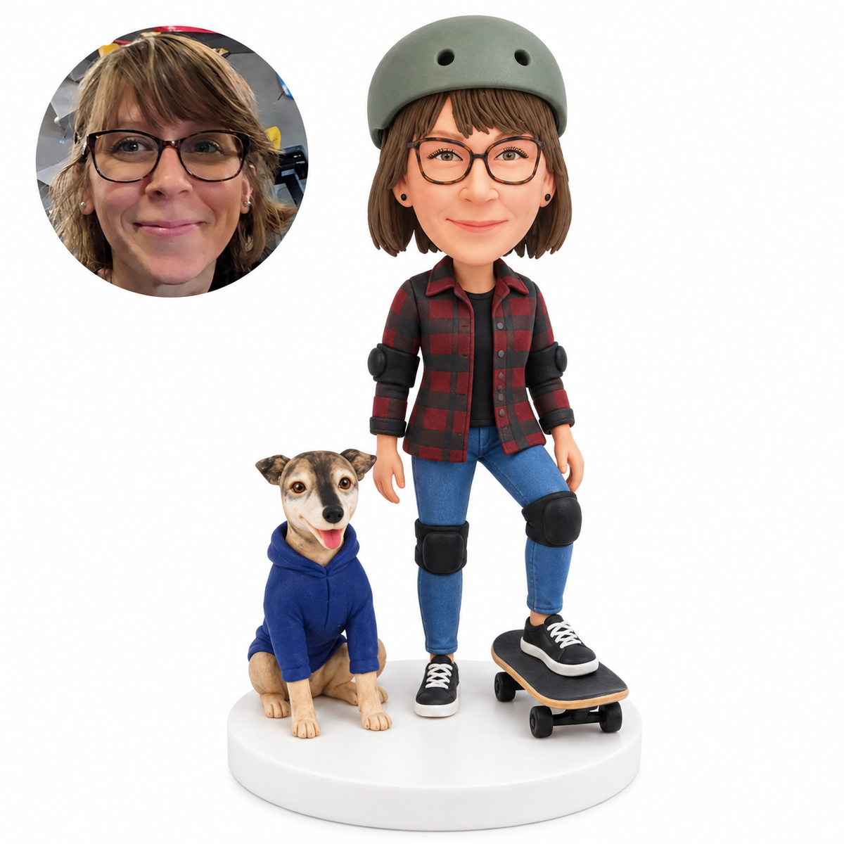 Custom female skateboarder bobblehead with fixed terrier dog in blue hoodie