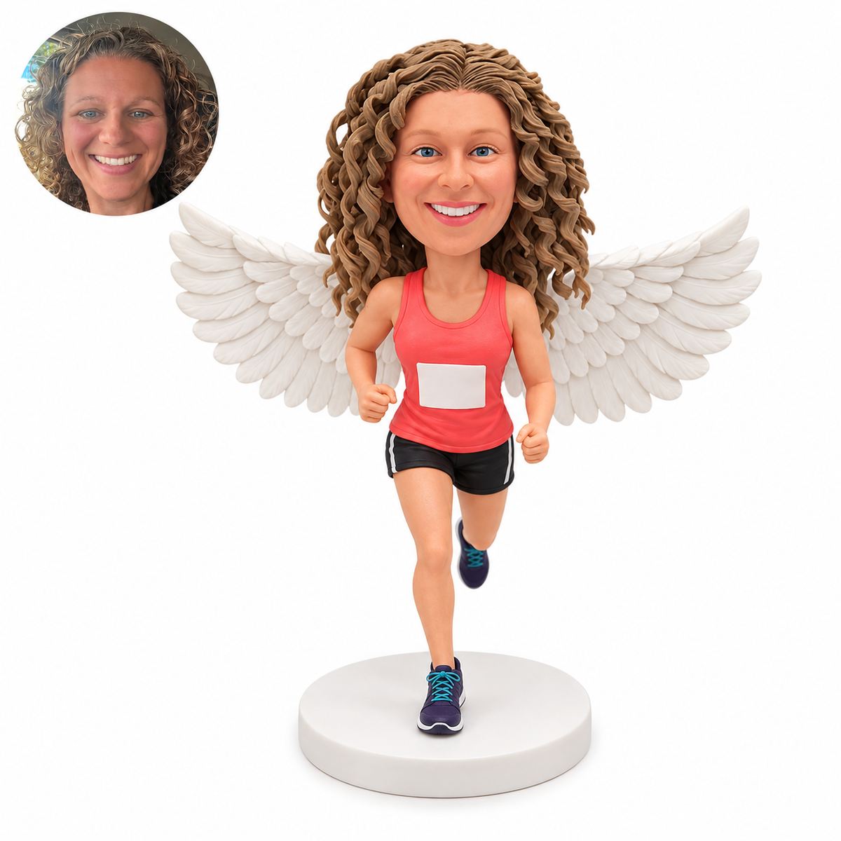 Custom female marathon runner bobblehead with white feathered angel wings