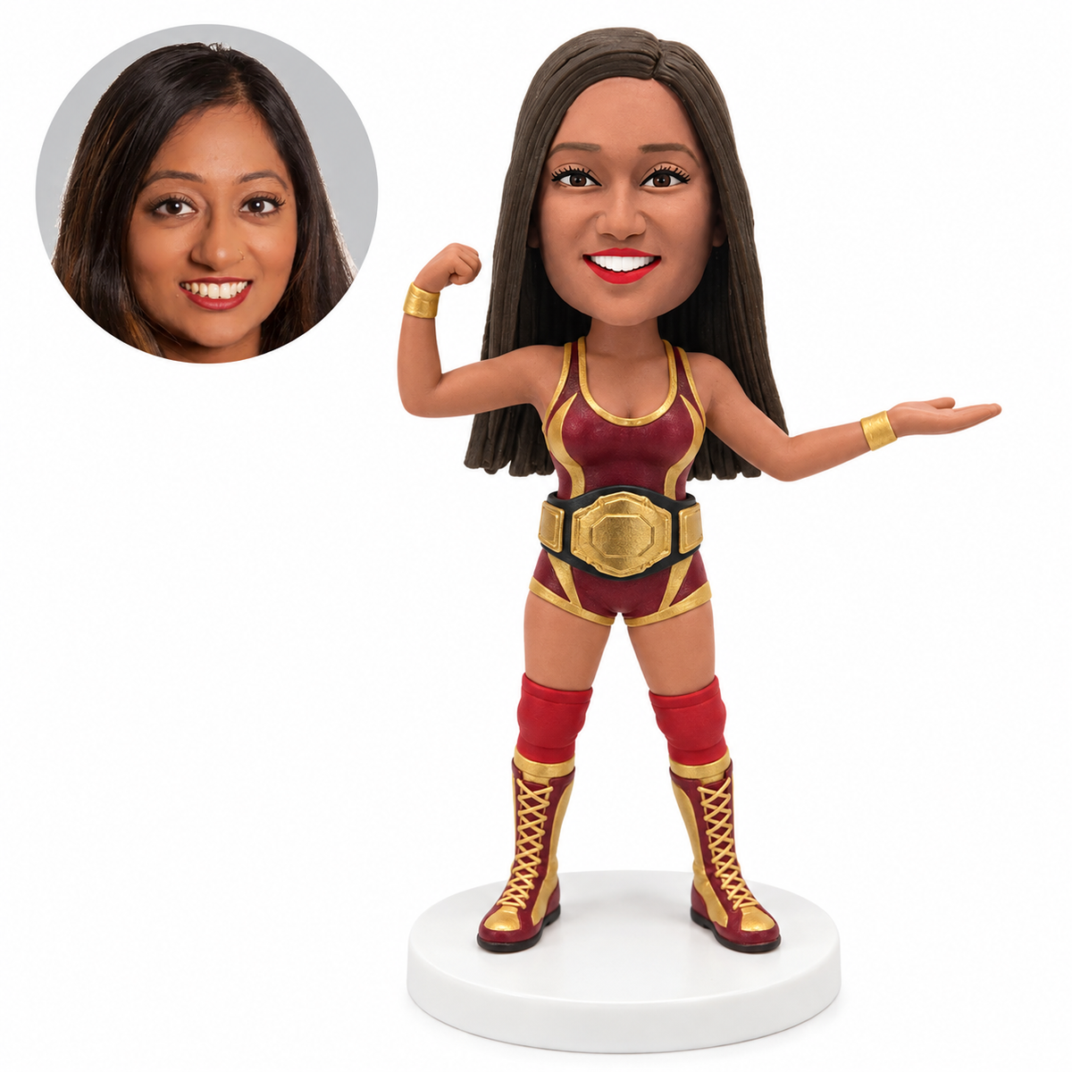 Custom female wrestling champion bobblehead with a fixed gold waist belt