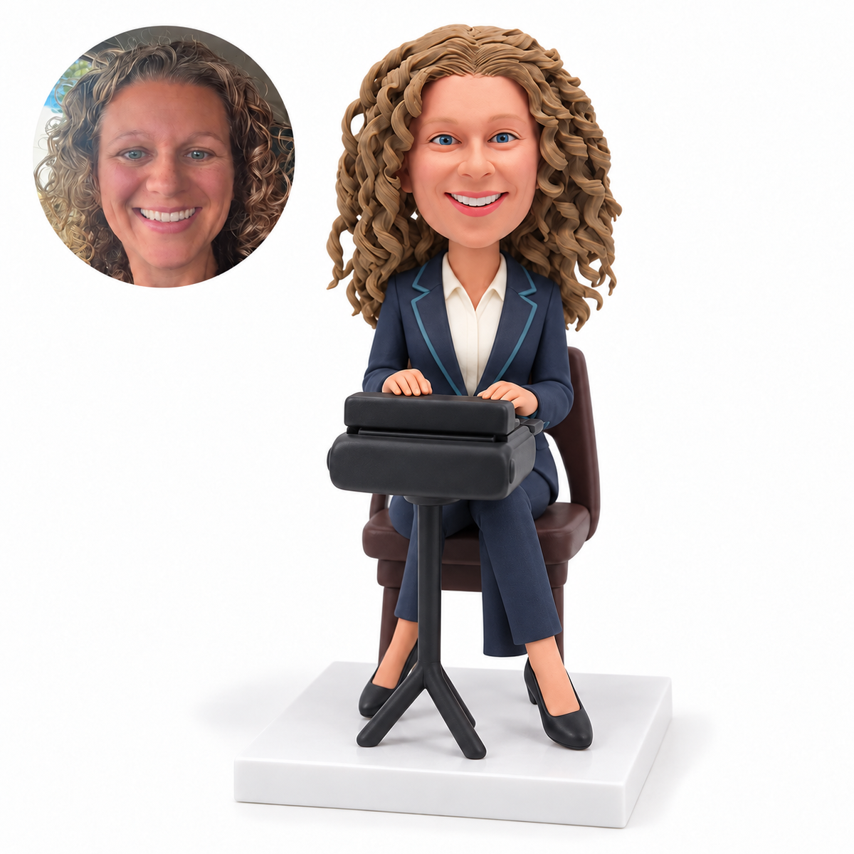 Custom female court stenographer bobblehead seated at a steno machine