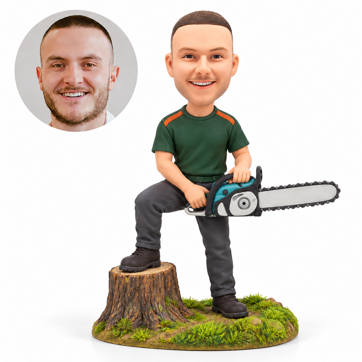 Custom male lumberjack worker bobblehead with chainsaw and one foot on a tree stump