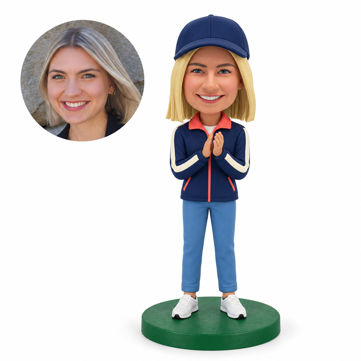 Custom female softball coach bobblehead clapping in a sports jacket and cap