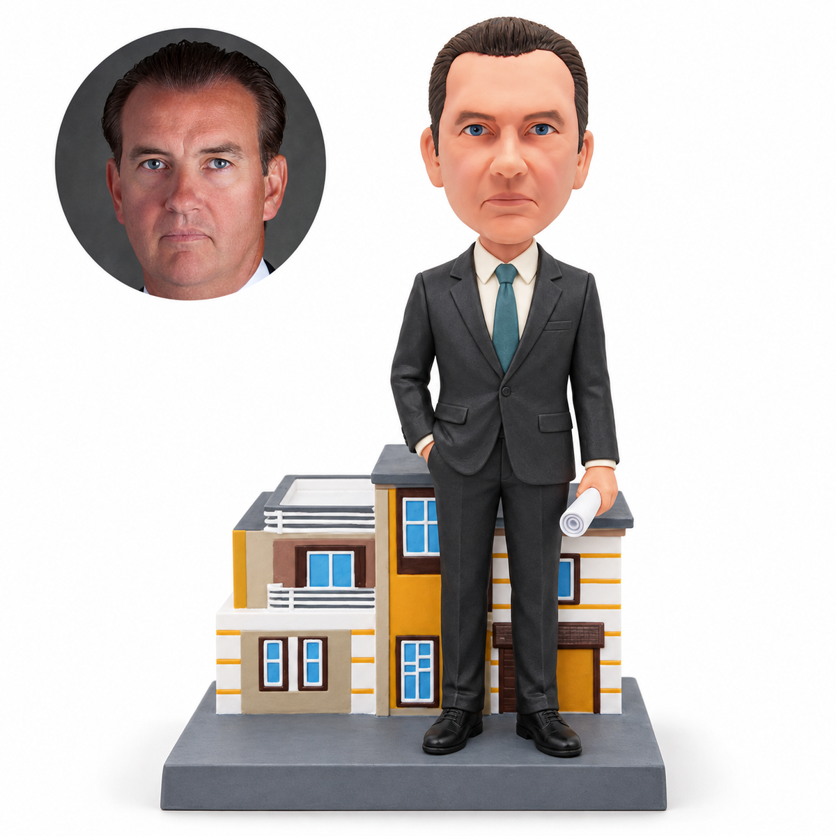 Custom male architect bobblehead standing beside a fixed miniature house model