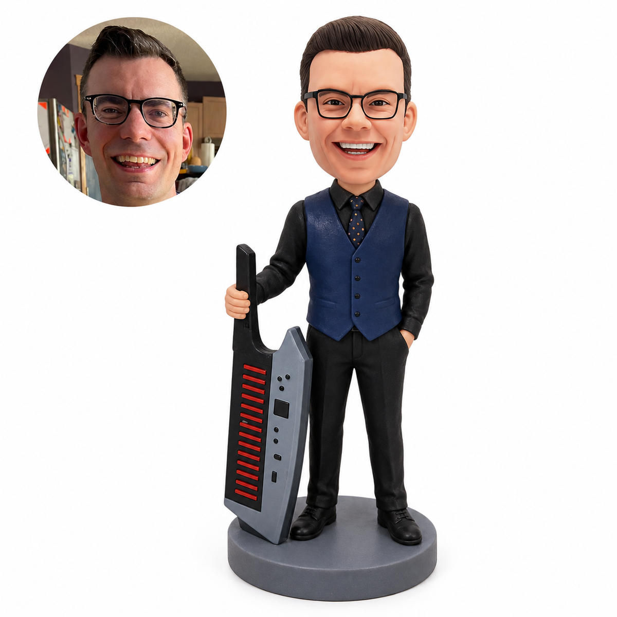 Custom male musician bobblehead standing with an upright portable keyboard