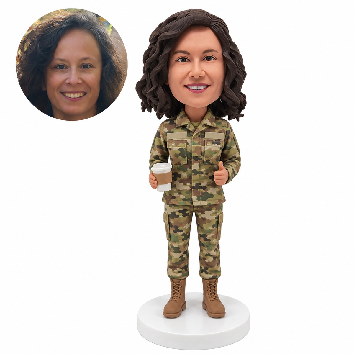 Custom female air force service member bobblehead with coffee mug and thumbs-up
