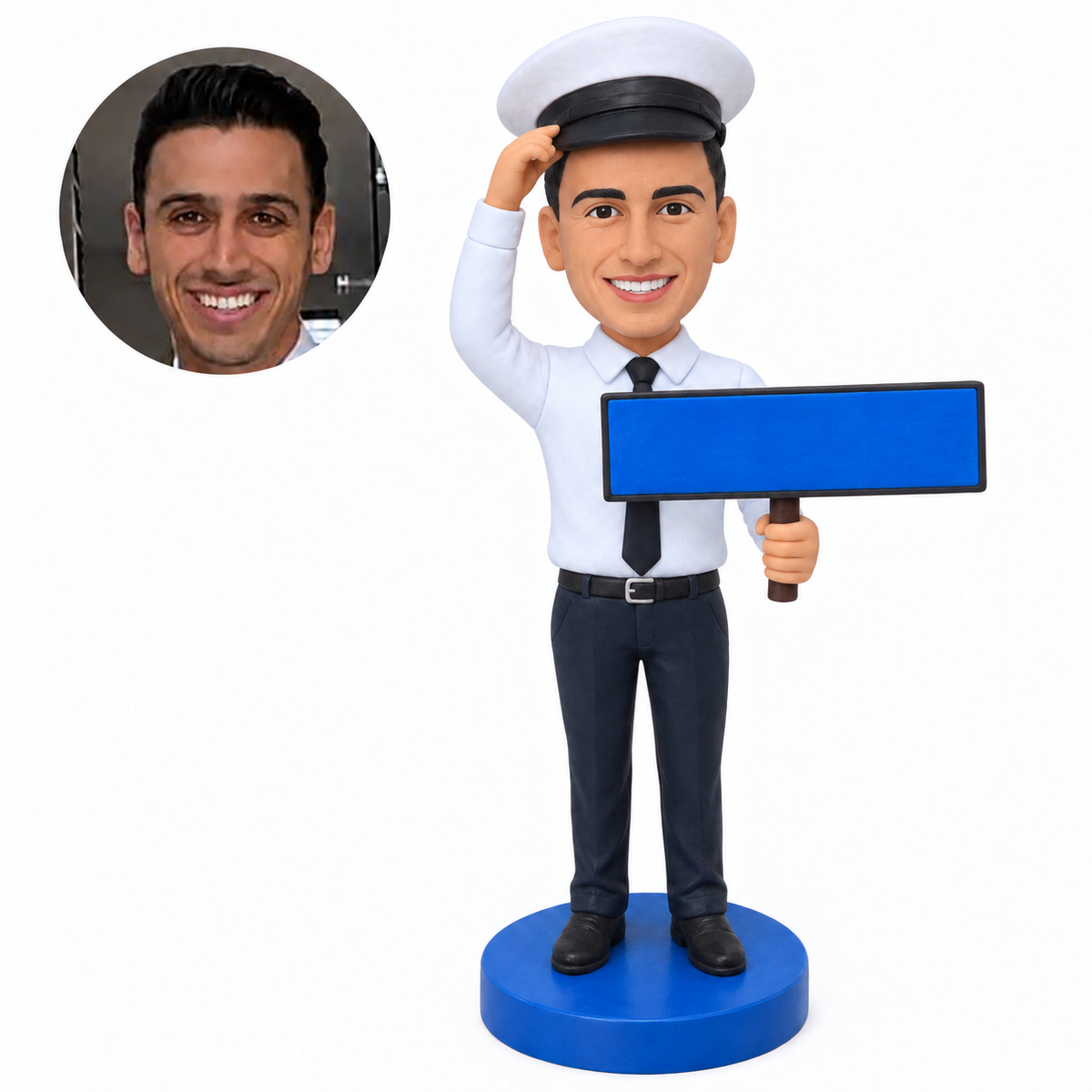 Custom male fuel station attendant bobblehead with cap salute and blue service board