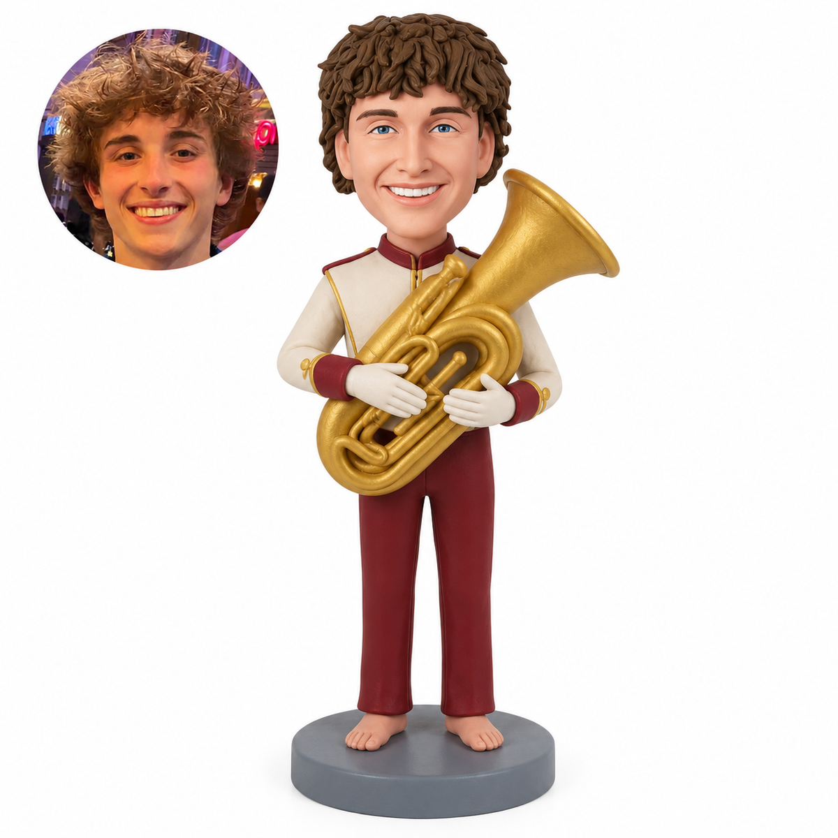 Custom male marching-band tuba player bobblehead with large upright gold tuba