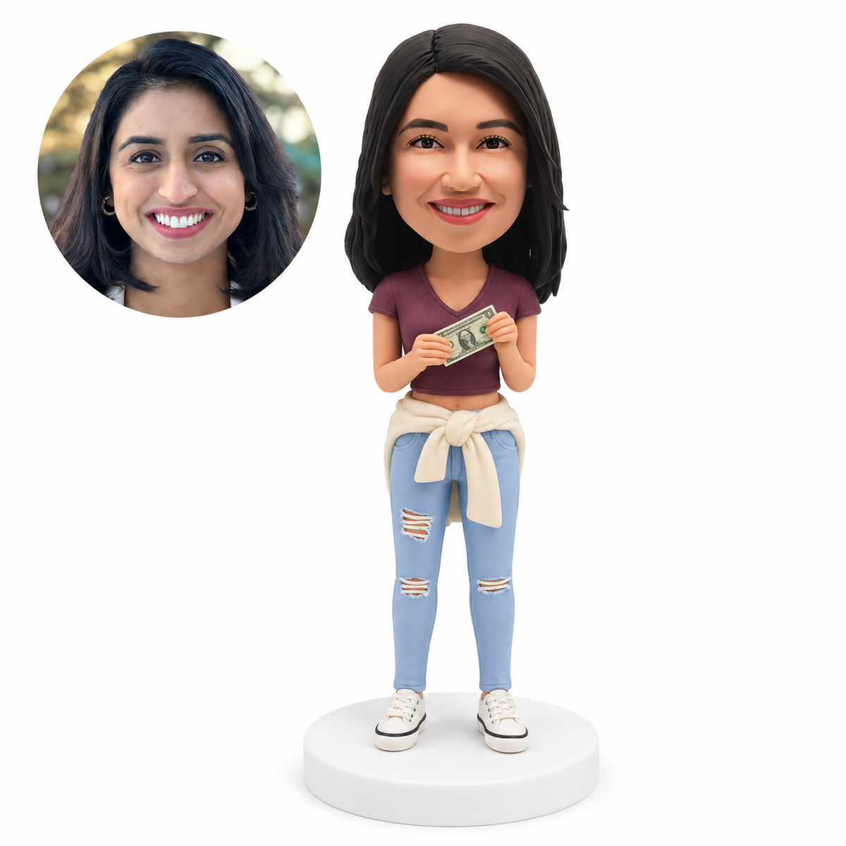Personalized casual female bobblehead holding a banknote