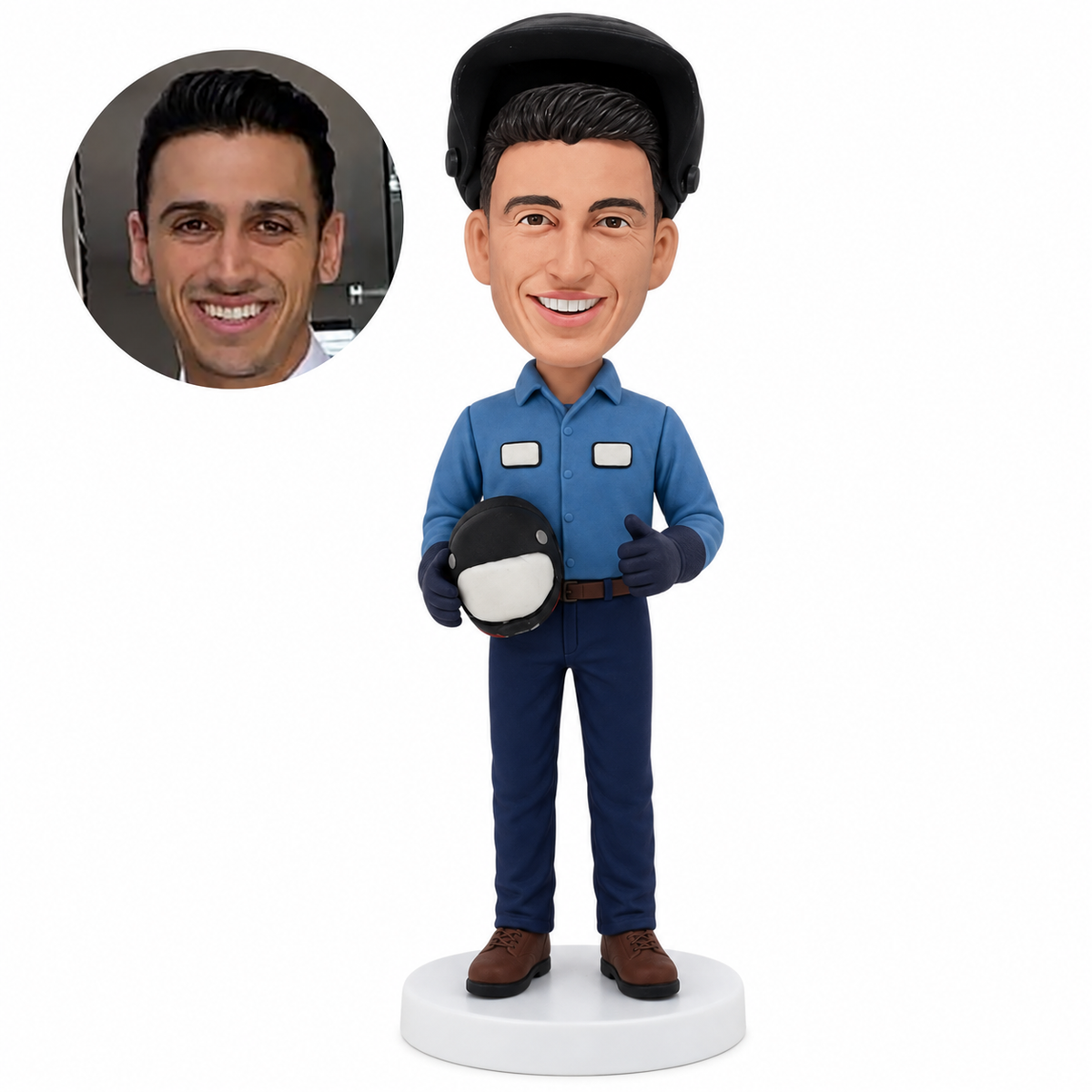 Personalized welder bobblehead with raised welding hood and handheld face shield