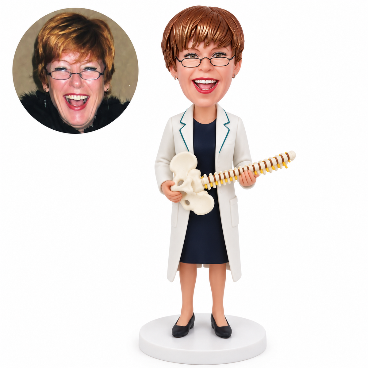 Custom female chiropractor bobblehead in long white coat and navy dress holding a spine model