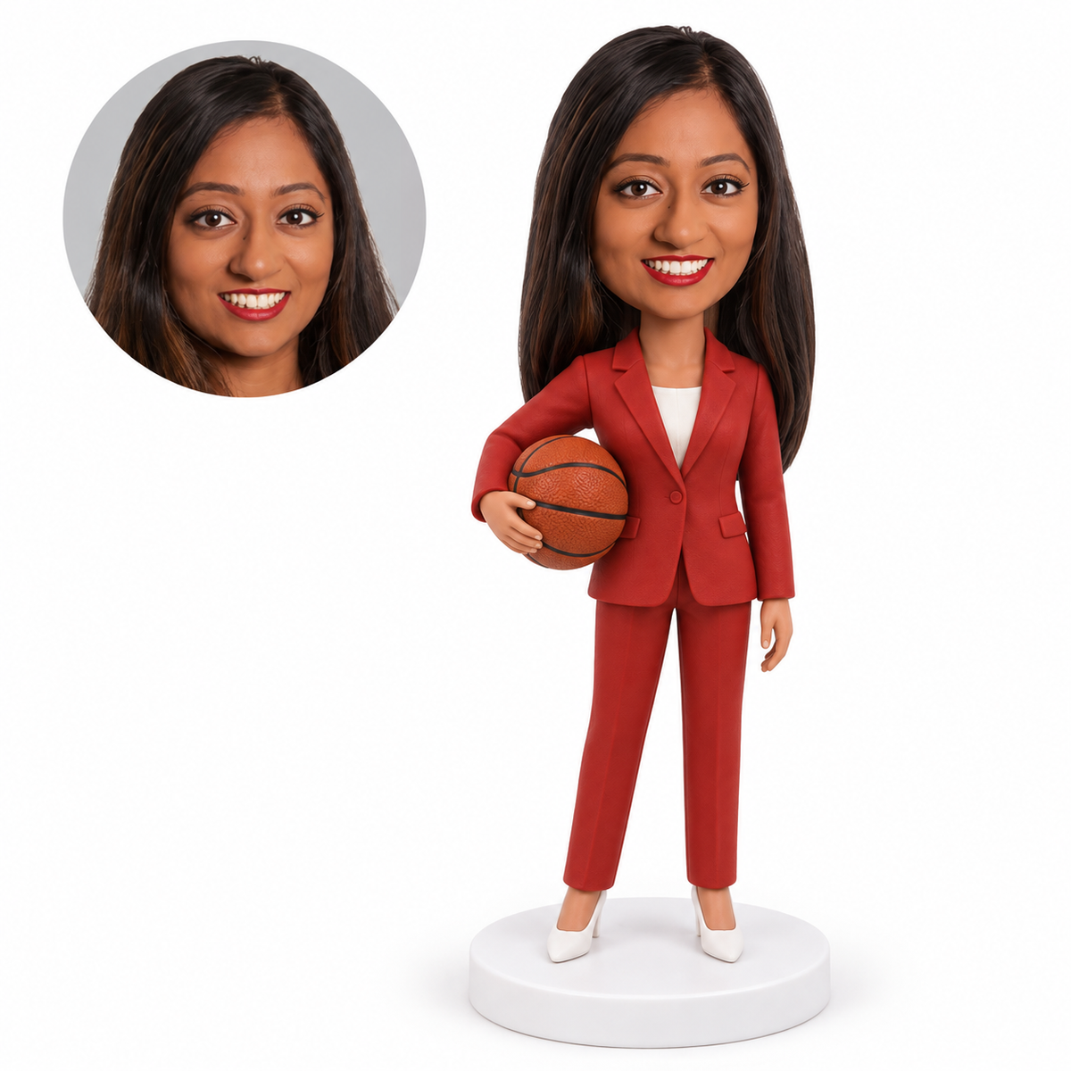 Custom female basketball coach bobblehead in a brick red pantsuit holding a basketball