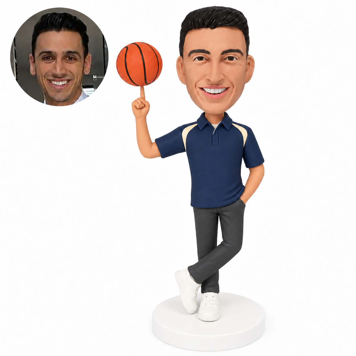 Custom basketball coach bobblehead in navy polo spinning a ball with crossed legs