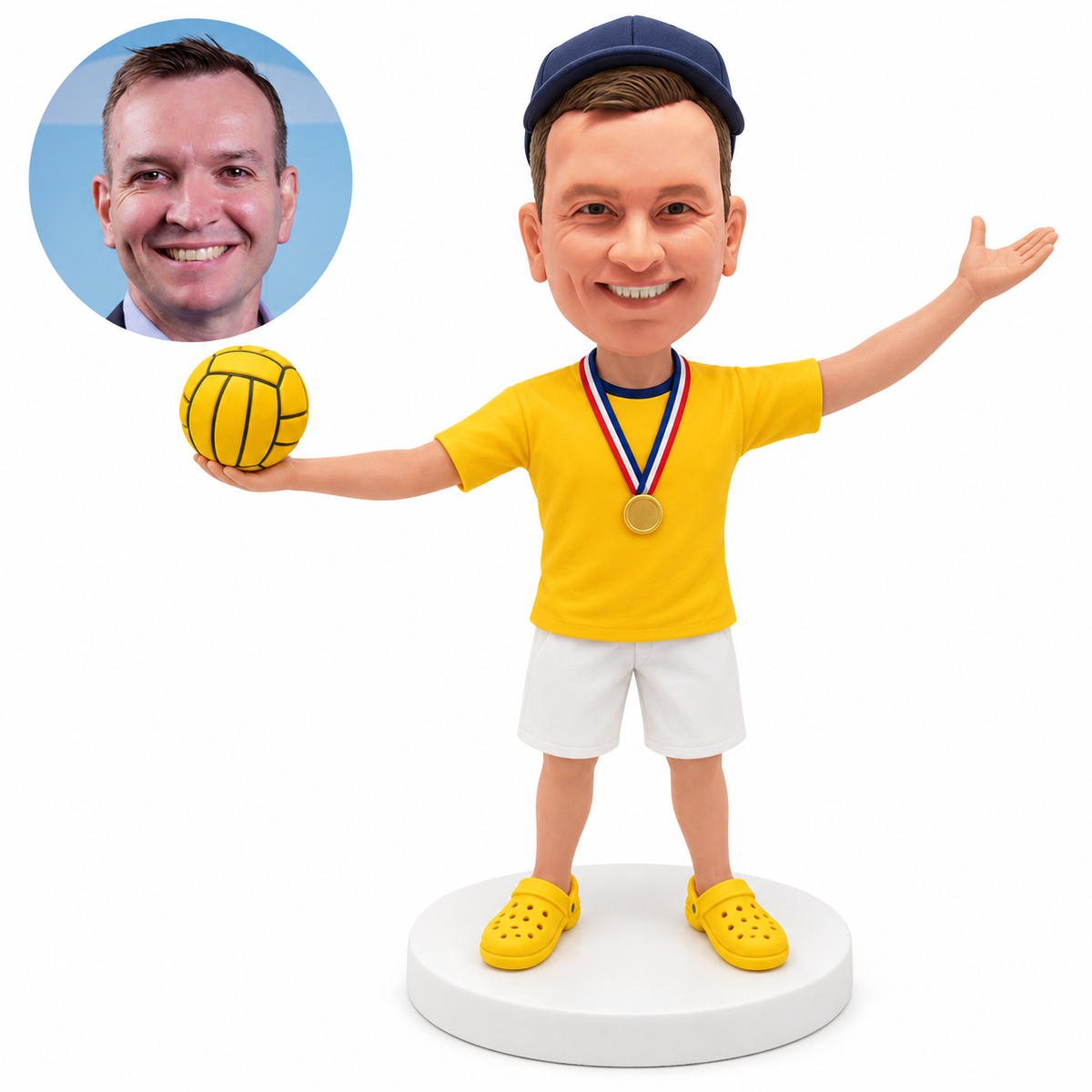 Custom water polo coach bobblehead with raised arms, water polo ball, medal and yellow shirt