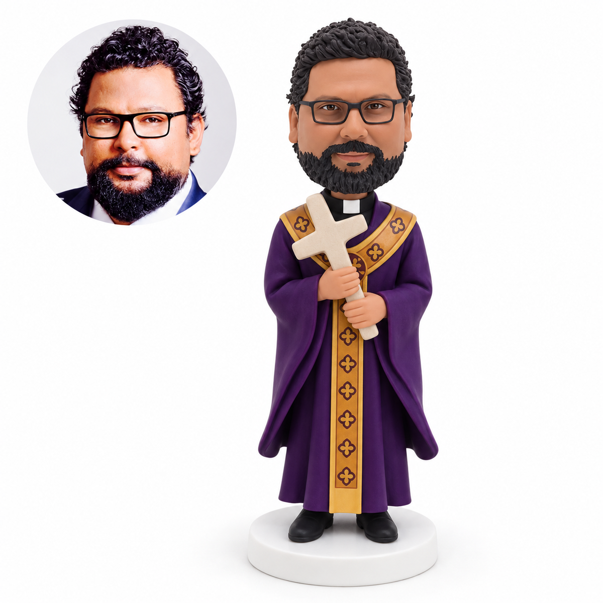 Custom priest bobblehead in purple chasuble holding a cross, with matching portrait