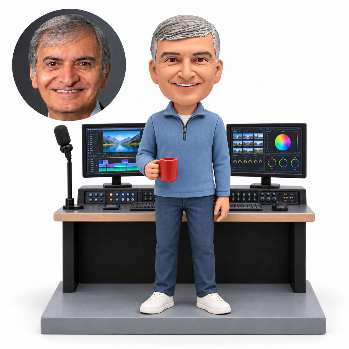 Custom male TV and music editor bobblehead holding a red mug in front of dual monitor studio desk