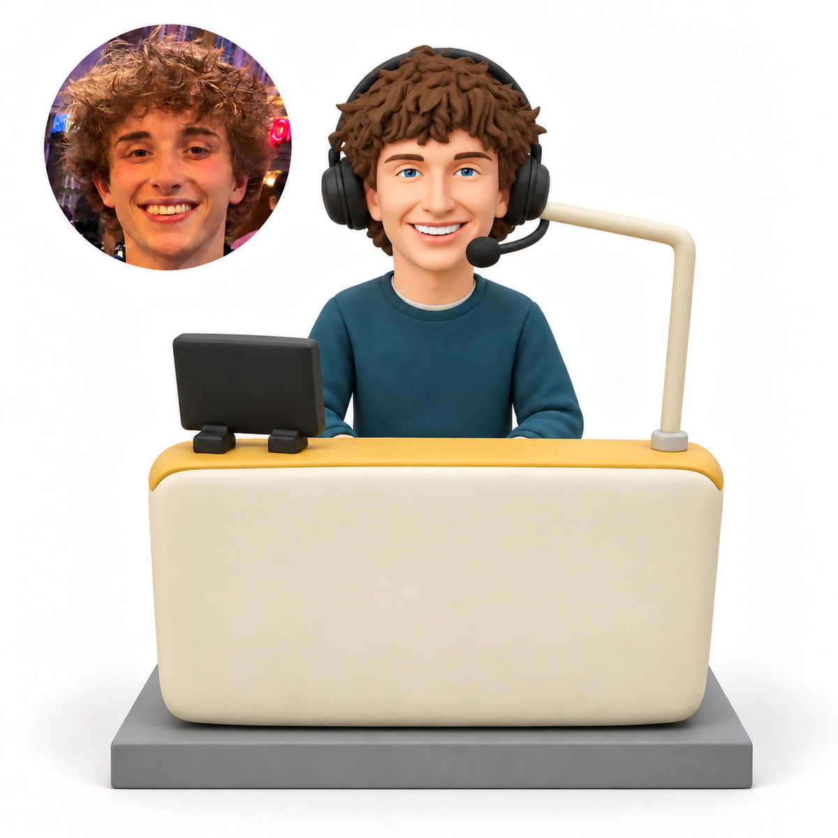 Custom male radio broadcaster bobblehead with headset behind studio broadcast cabinet