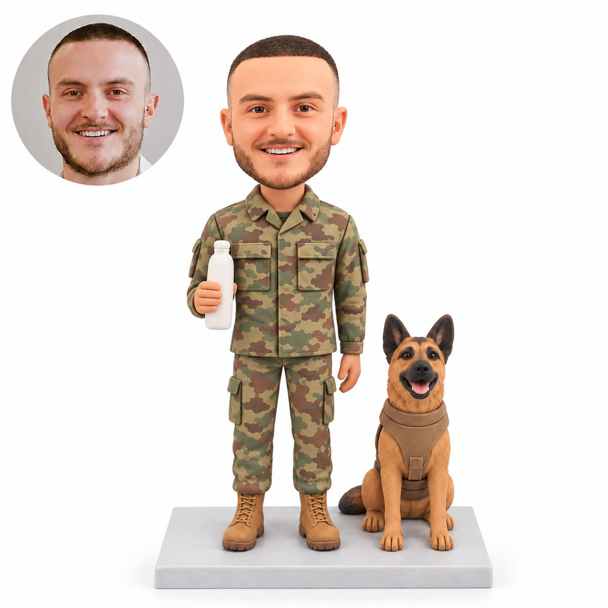 Custom military service member bobblehead holding water bottle beside a German Shepherd