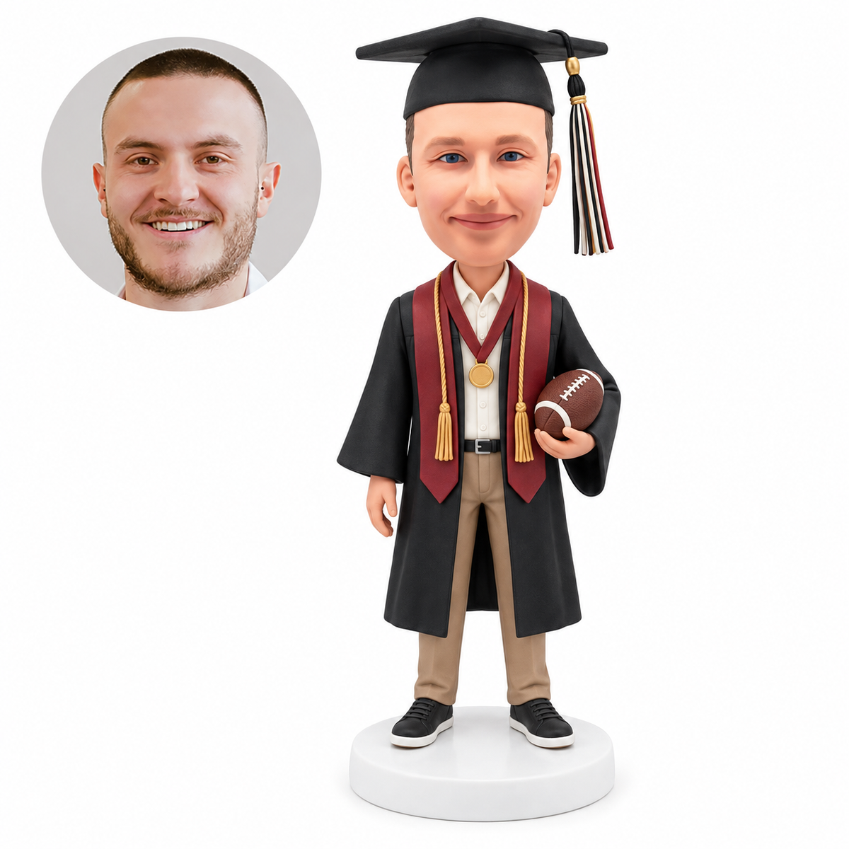 Custom male graduation bobblehead in gown holding an American football