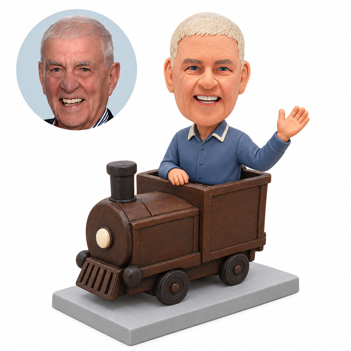 Custom older train driver bobblehead waving from a short brown box-cab miniature locomotive