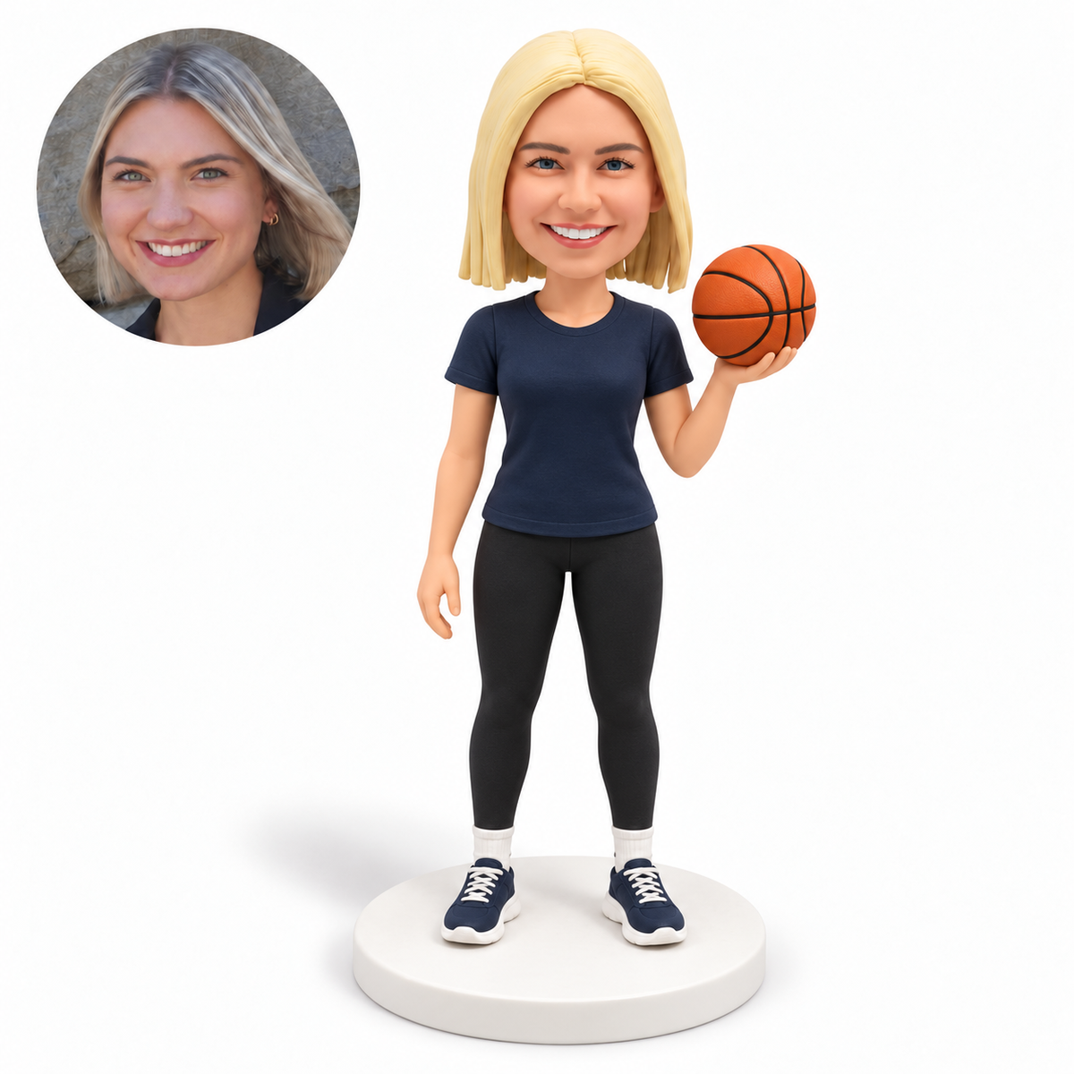 Custom female basketball fan bobblehead in T-shirt and leggings holding a ball by shoulder