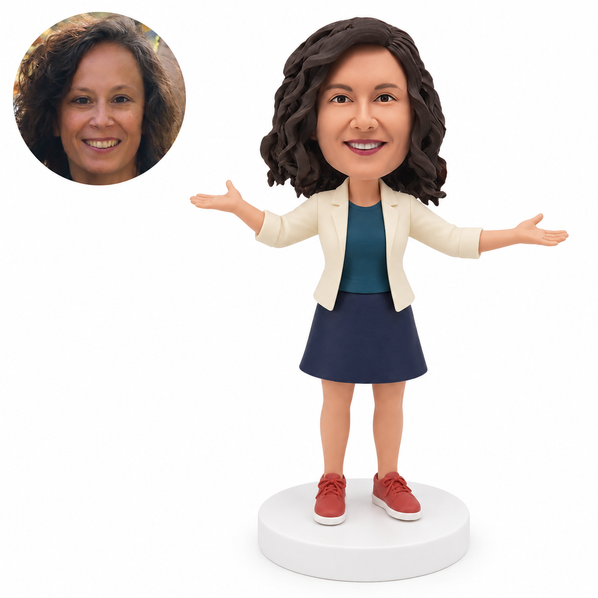 Custom female fan bobblehead with arms open, ivory jacket, teal top and navy skirt