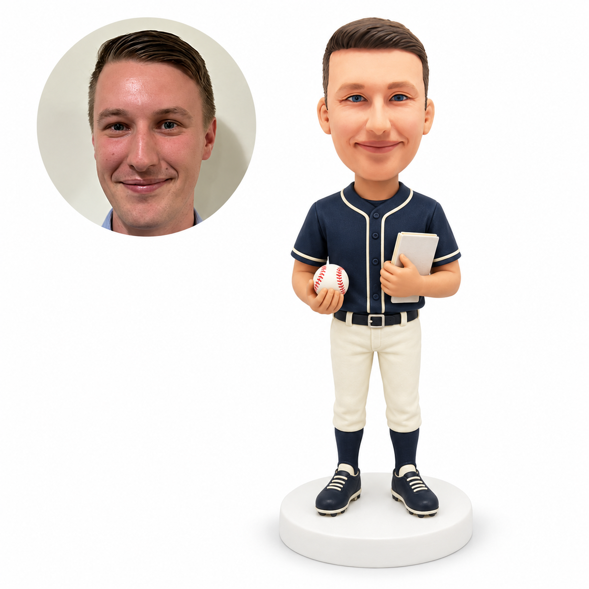 Personalized male baseball coach bobblehead with baseball and scorecard