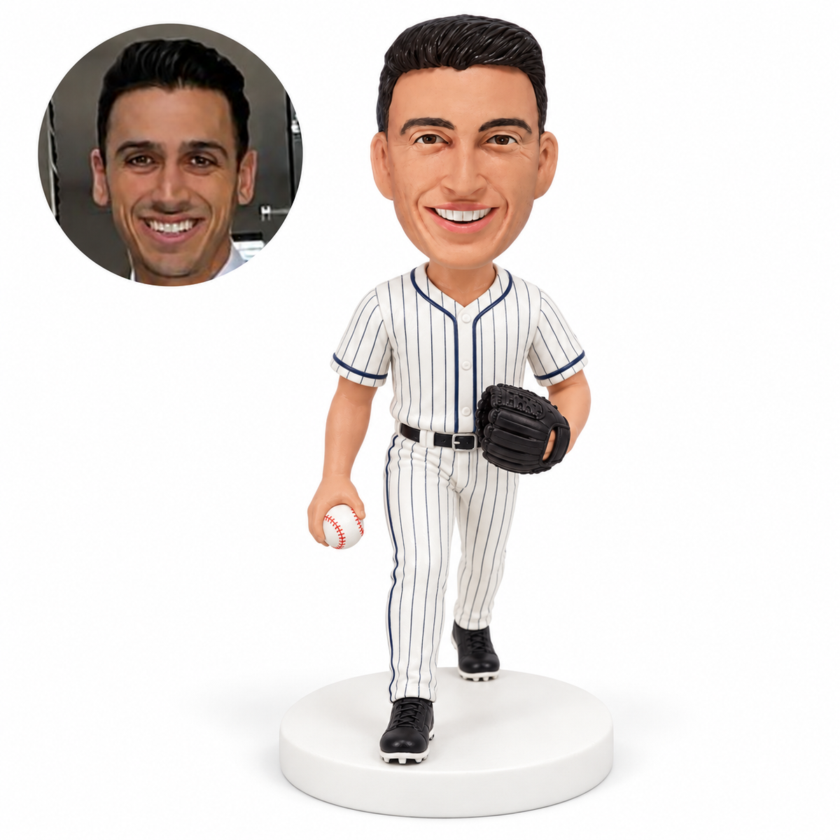 Custom male baseball player bobblehead stepping forward with baseball and glove