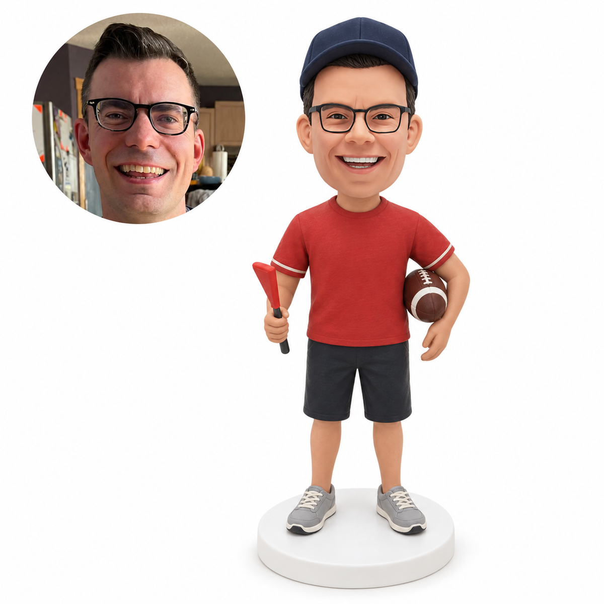 Custom male football fan bobblehead holding a rally pennant and football