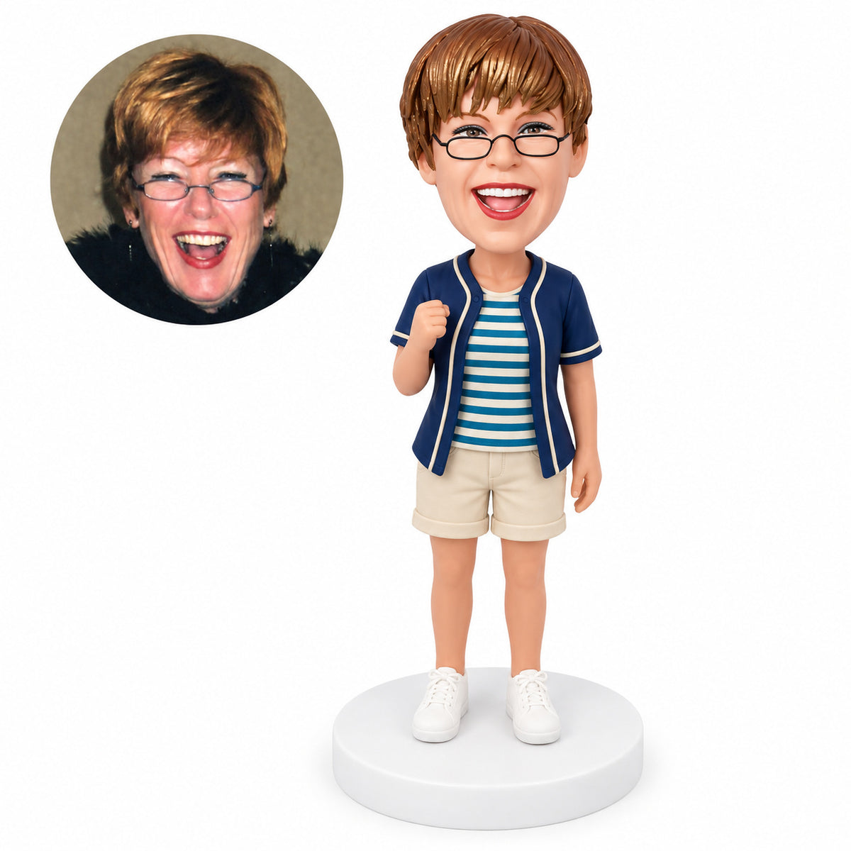 Custom female baseball fan bobblehead in open jacket, striped top and shorts