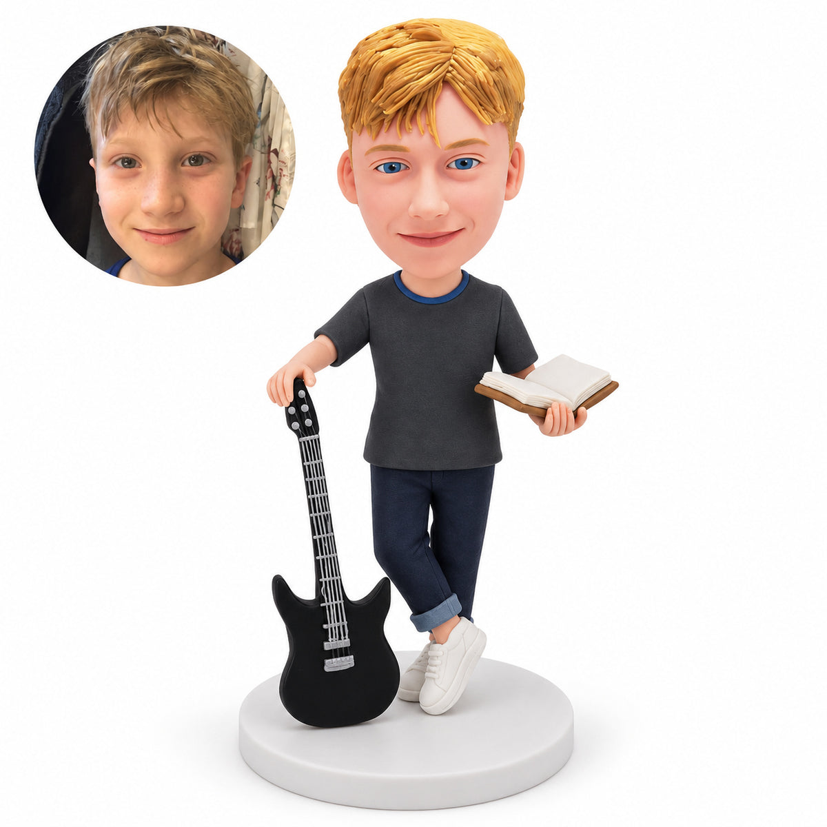 Custom child bobblehead with an upright guitar and open book