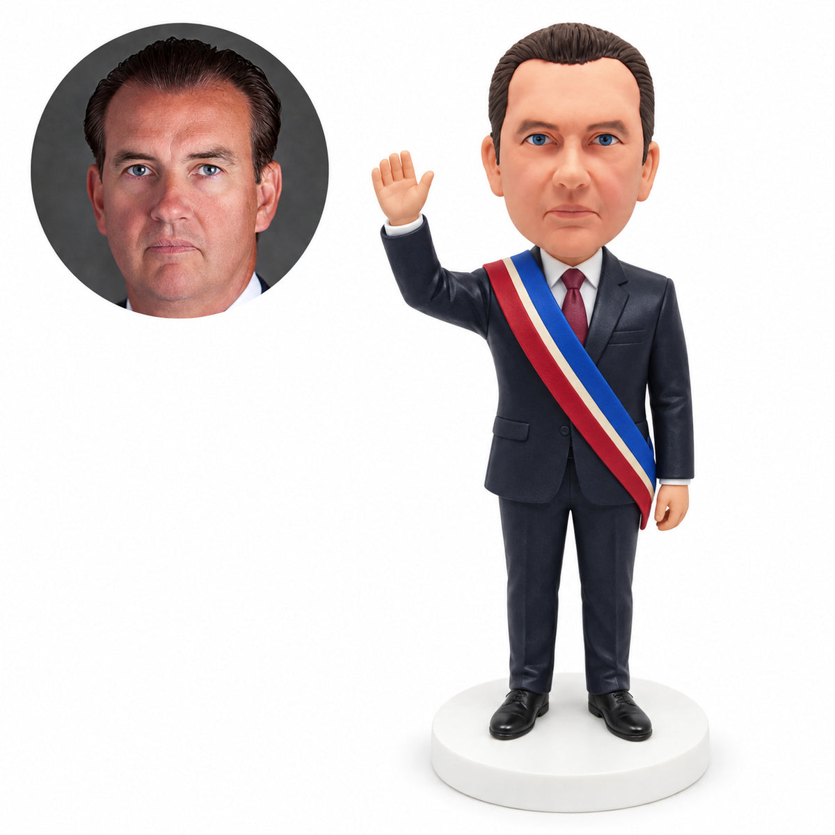 Custom ceremonial sash bobblehead man waving in dark suit