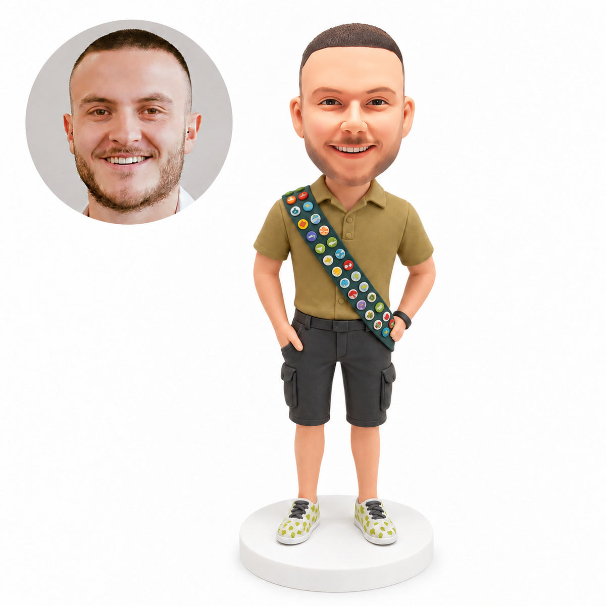 Custom scout leader bobblehead with badge sash, cargo shorts and matching customer photo