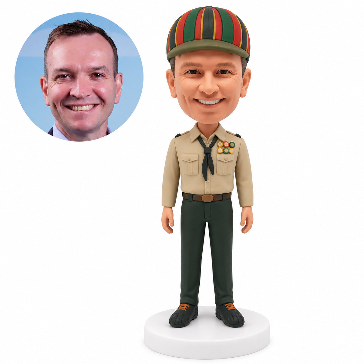 Scout parade leader bobblehead in striped cap and tan uniform with matching customer portrait