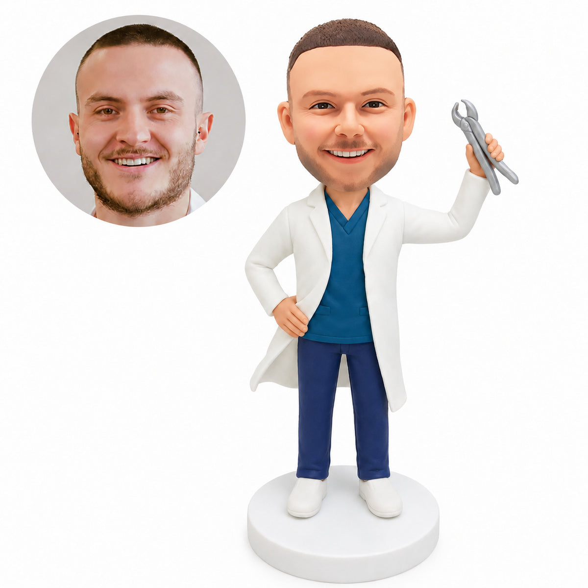 Male dentist clay bobblehead raising dental forceps in an open white coat