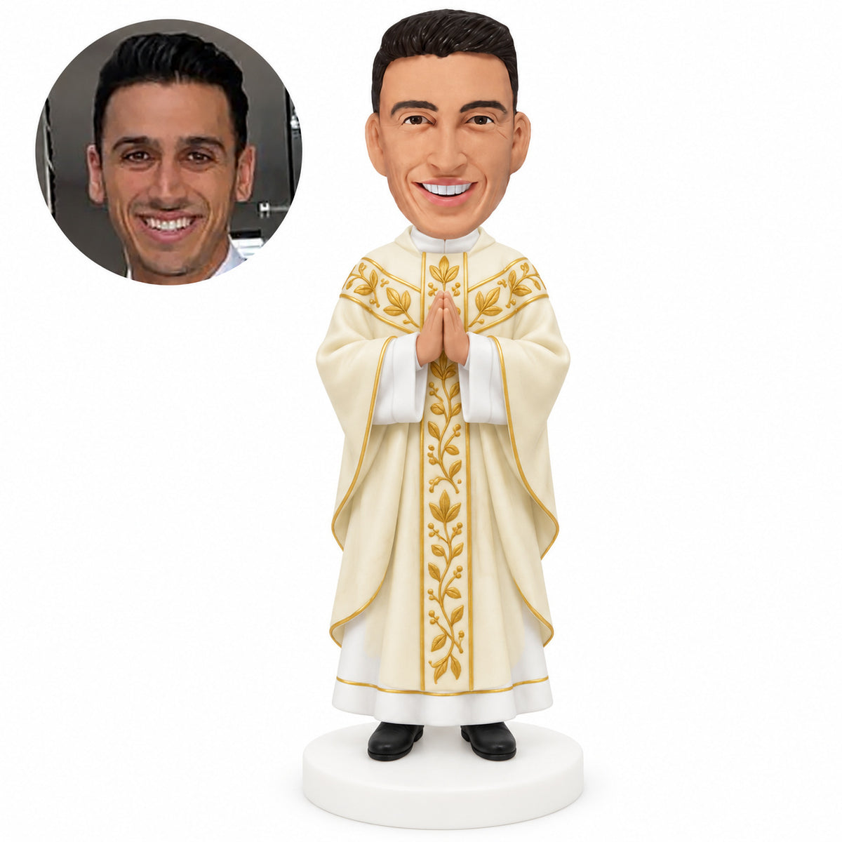 Praying priest clay bobblehead in an ivory and gold chasuble with joined hands