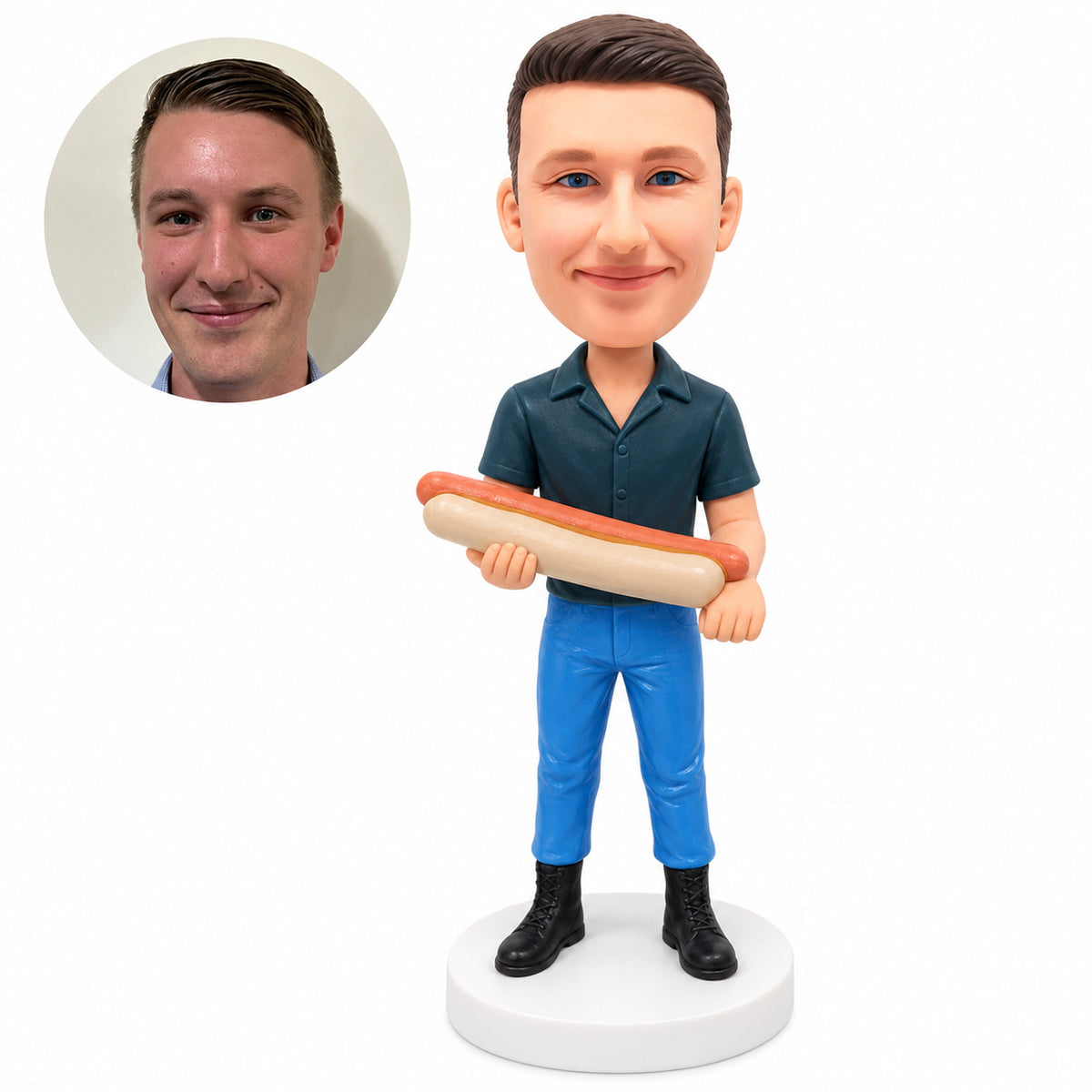 Clay bobblehead man holding an oversized hot dog directly across his waist