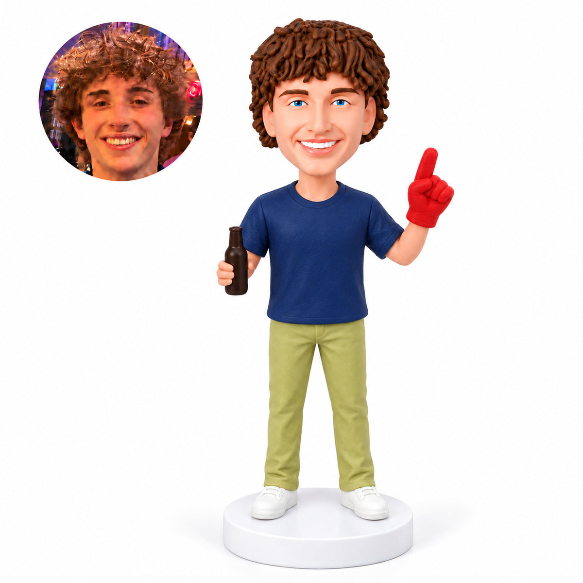 Custom sports fan bobblehead raising a foam finger and holding a bottle