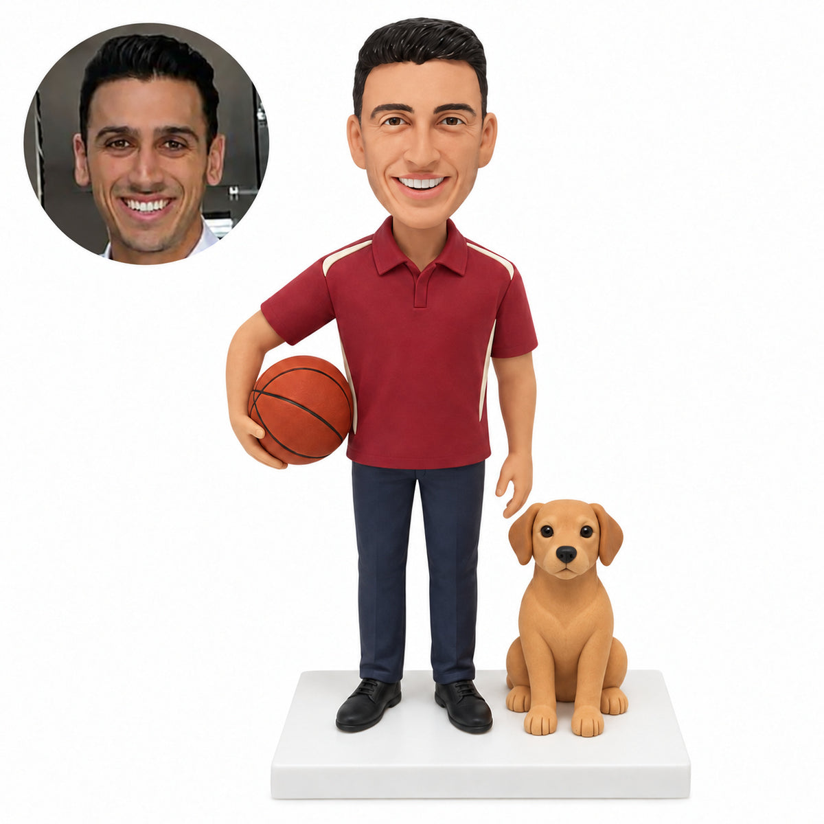 Custom basketball coach bobblehead holding a ball beside a fixed golden dog