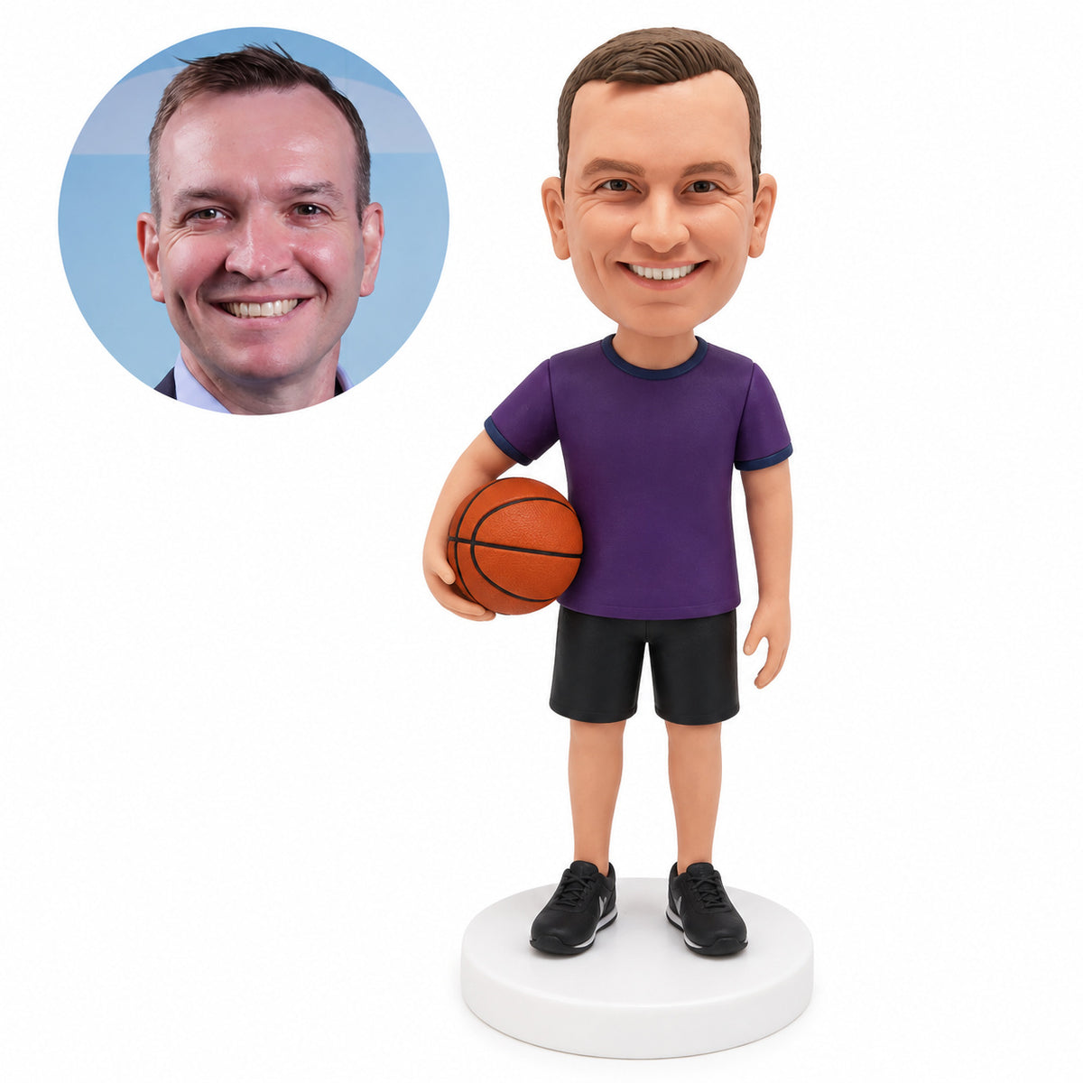 Custom basketball coach in a short-sleeve athletic tee and shorts holding a ball at his hip