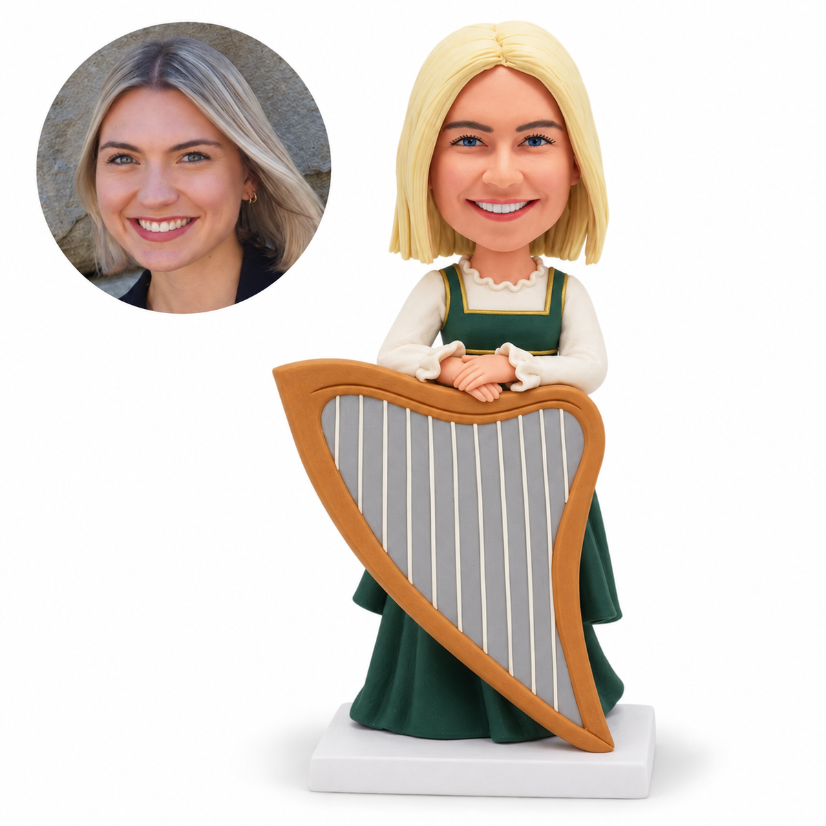 Custom female harpist bobblehead with folded hands resting on a triangular harp in a green gown