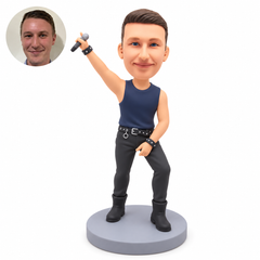 custom bobblehead figure male rock singer raising a microphone with his other hand held low