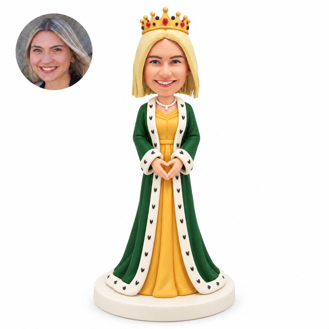custom bobblehead figure queen in a crown and long royal robe forming a heart with her hands