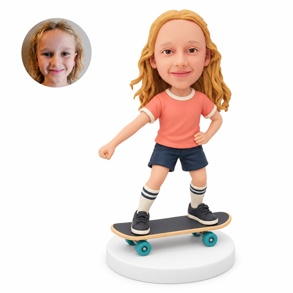 custom bobblehead figure young girl standing on a skateboard with one hand on her hip