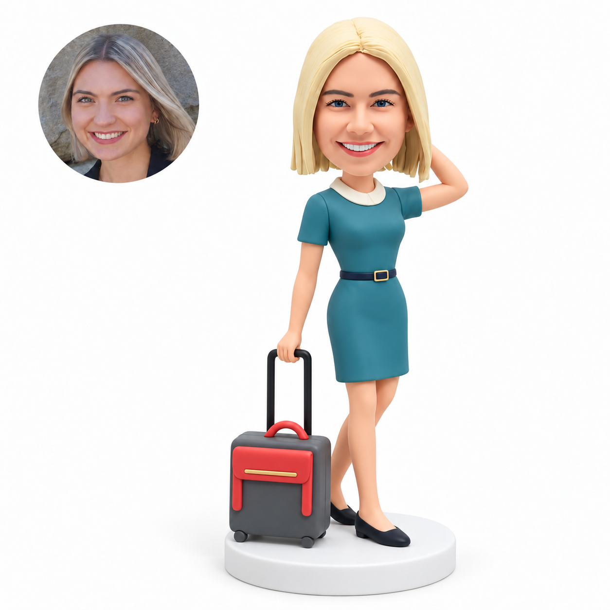 custom bobblehead figure female flight attendant with one hand behind her head and the other on a rolling suitcase handle
