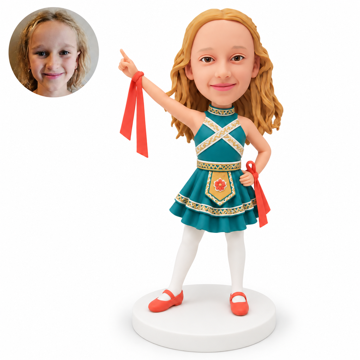 custom bobblehead figure young girl in a traditional dance dress holding ribbons with one arm raised