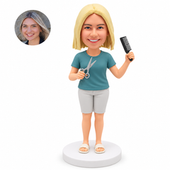 custom bobblehead figure female hairdresser in shorts holding scissors and a comb