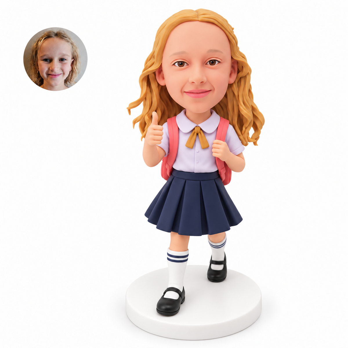 custom bobblehead figure schoolgirl with a backpack giving a thumbs up in a walking pose