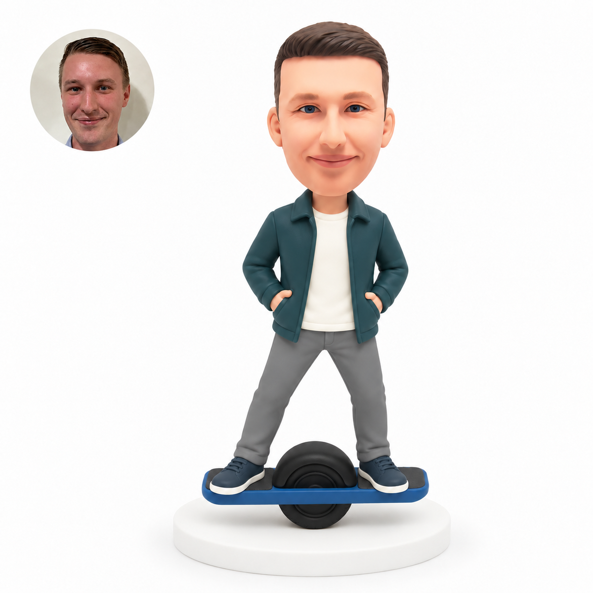 custom bobblehead figure man standing on a one-wheel electric board with both hands in his jacket pockets